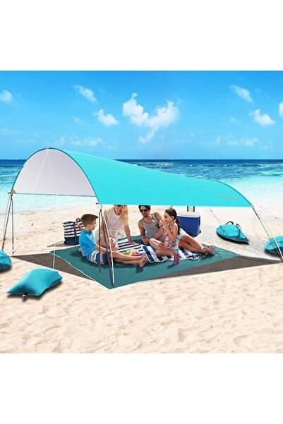 MYMULIKE Cort de plajă XXL 3,2x3,2 m UPF50+ albastru pentru 4-7 persoane