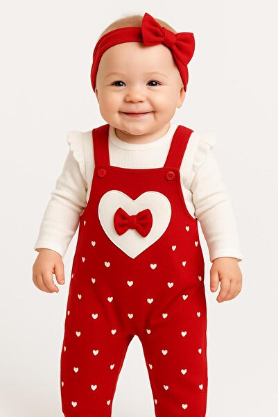 Chicsy Baby Baby Girl Heart Bow Detailed Strap Jumpsuit Set