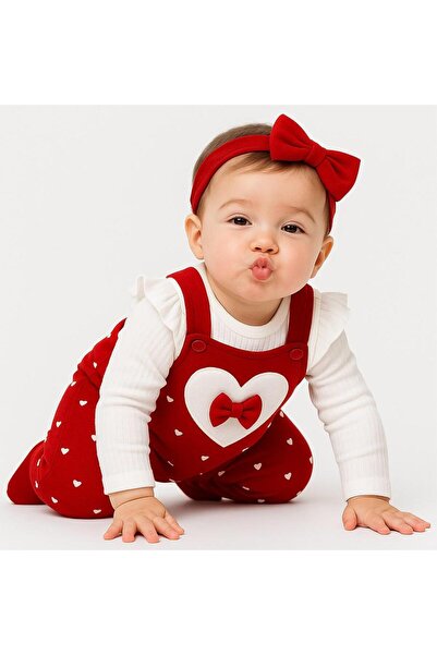 Chicsy Baby Baby Girl Heart Bow Detailed Strap Jumpsuit Set