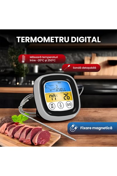 OEM Termometru Digital Bucatarie Carne, Touch, 8 Tipuri, 5 Moduri, Sonda Inox 1m Magnetica, BBQ/Cuptor