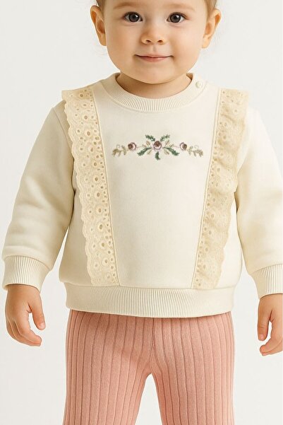 Chicsy Baby Baby Girl Lace Floral Embroidered 2-Piece Sweatshirt and Ribbed Pants Set