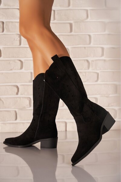 Joana Black Yakira Faux Suede Heeled Boots - Size 41