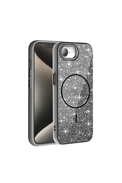 UnDePlus Apple iPhone 16E Kılıf M-safe Şarj Özellikli Parlayan Simli Zore Okso Kapak