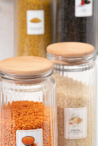 Homekolik Set of 6 Glass Storage Containers with Wooden Lids and Labels – Leakproof 1500 ml Dry Food Jar Set