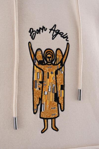 Machinist Ανδρικό φούτερ με κέντημα αγγέλου επένδυση fleece με κουκούλα ανοιχτό μπεζ