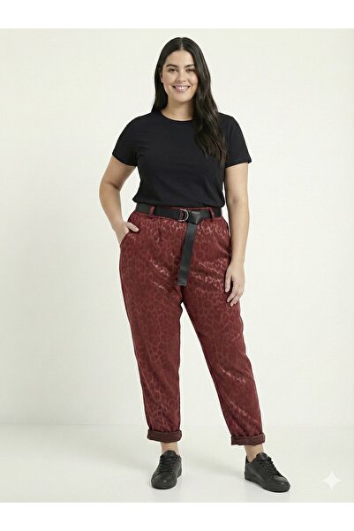 della moor Women's Burgundy Italian Wide Fit Belted Leopard Print Matte Faux Leather Pants