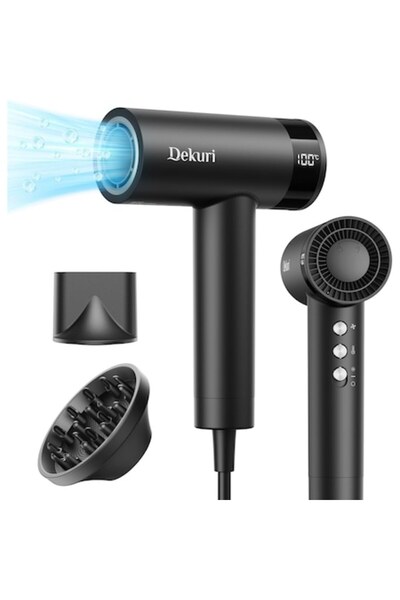 Dekuri Professional Ionic Hair Dryer 110,000 RPM with LED Display, Diffuser & Magnetic Nozzle, Black