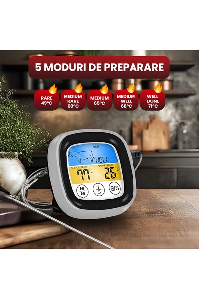 OEM Termometru Digital Bucatarie Carne, Touch, 8 Tipuri, 5 Moduri, Sonda Inox 1m Magnetica, BBQ/Cuptor