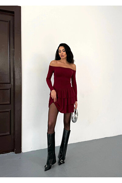 hazelin Γυναικείο μίνι φόρεμα με στράπλες μπορντό με λεπτομέρεια φούστας HZL25W-FRY123581