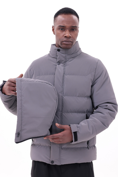 freemen Men's Gray Waterproof Coat Nova Fabric Removable Hooded Zippers Snap Detail