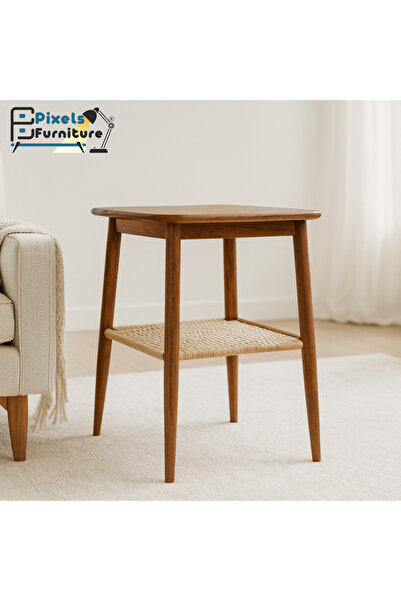 PixelsFurniture Pixel Furniture 2-Tier Square Side Coffee Table with Wood Top, Rattan Bottom Shelf and Metal Ends