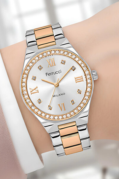 Ferrucci Steel Cord Steel Case Women Wrist Watch, Bracelet Gift Silver-Rose C...