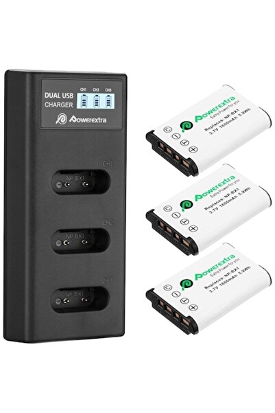 LeatherHan Set de 3 baterii NP-BX1 1600 mAh cu încărcător triplu LCD pentru c...