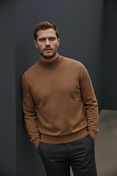 Sarar Interview Half Turtleneck Rayon Tan Knit Sweater