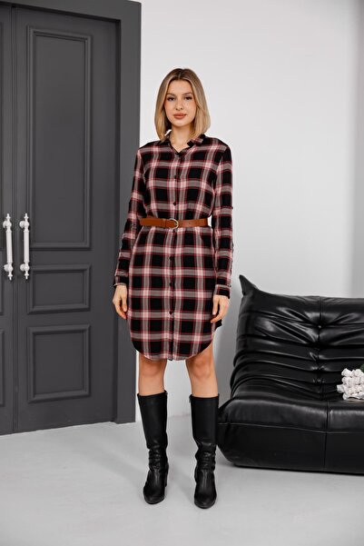 Milamia Plaid Pattern Belted Shirt Dress