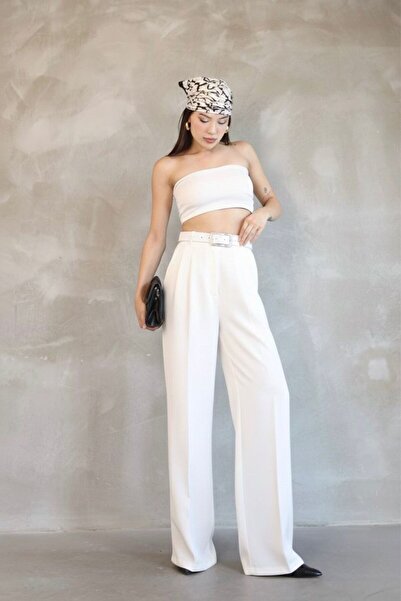 HA-KA GİYİM Women's Palazzo Pleated Pants Imported Doubleface Fabric High Quality Product High Waist with Belt