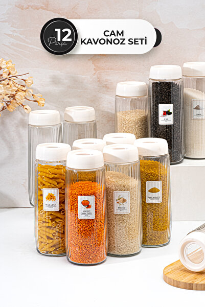 Homekolik Set of 12 White Lidded Glass Storage Containers with Labels – 1500 ml Leakproof Dry Food Jar Set