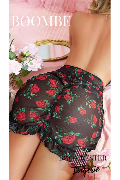 BoomBester Babydoll din dantelă cu decolteu adânc cu model de trandafiri – Mini cămașă de noapte din tul transparent