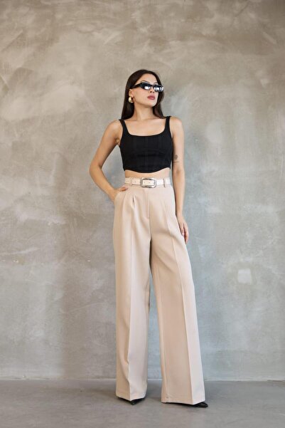 HA-KA GİYİM Women's Palazzo Pleated Pants Imported Doubleface Fabric High Quality Product High Waist with Belt