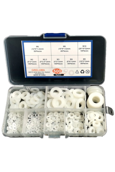 Greluma Set de 500 de șaibe din nailon, 8 dimensiuni M2M10, albe, cu cutie de depozitare din plastic