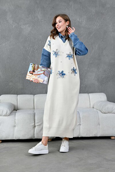 Miss Allos Γυναικεία μανίκια τζιν με λεπτομέρεια μπροστινό τούλι λουλούδι και πέτρα κεντημένο με φαρδιά εφαρμογή μακρύ πλεκτό φόρεμα