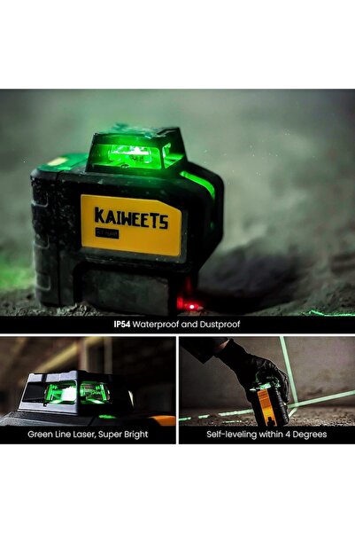 Kaiweets Nivelă laser verde cu linie în cruce, autonivelantă la 360°, cu detector, încărcare USB, detectare 50 m