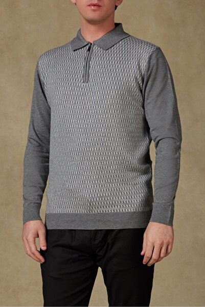 Abbate Claro Knitted Fabric Cotton Blend Modern Fit Gray Polo Neck Men's Patterned Knitwear