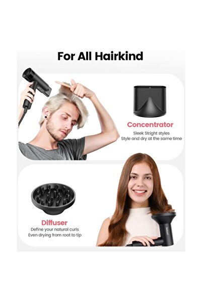 Dekuri Professional Ionic Hair Dryer 110,000 RPM with LED Display, Diffuser & Magnetic Nozzle, Black