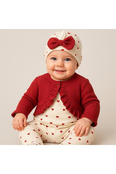 Chicsy Baby Baby Girl Heart Cream Jumpsuit Red Ruffled Cardigan and Bow Beanie 3-Piece Set