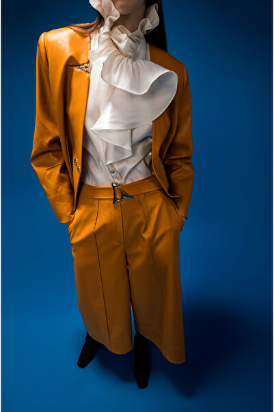 KAMEYA Mustard Leather Jacket with Collar Accessory Detail