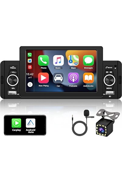 Camecho Player multimedia auto 1-DIN cu Android Auto și CarPlay, Bluetooth, ecran de 5 inci, cameră video spate