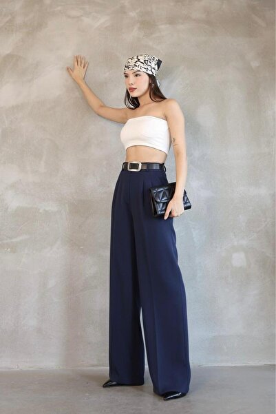 HA-KA GİYİM Women's Palazzo Pleated Pants Imported Doubleface Fabric High Quality Product High Waist with Belt