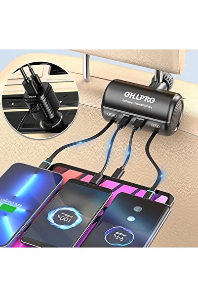 OHLPRO 6-in-1 Retractable 110W Headrest Car Charger, PD & Quick Charge 3.0, 6 Ports, Blue LED, Compatible w