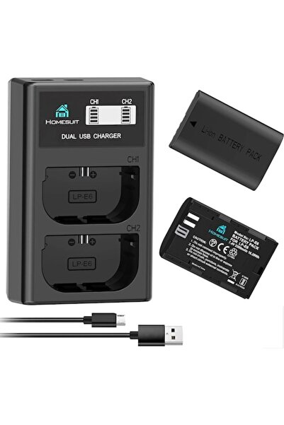 Homesuit Set de 2 baterii LP-E6 2200mAh cu încărcător LCD dual pentru Canon 5...