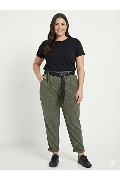 della moor Women's Khaki Italian Wide Fit Belted Leopard Print Matte Faux Leather Pants