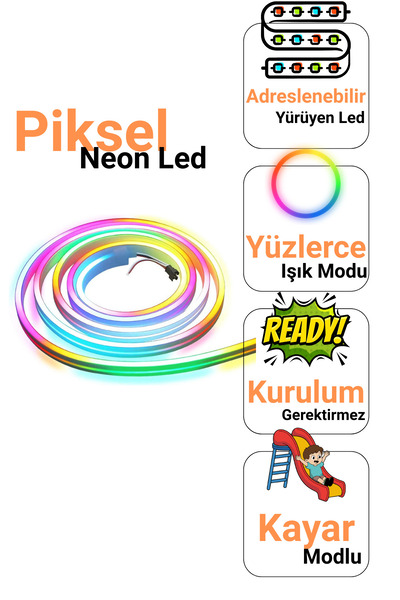 Ema Dükkan 12V Piksel Neon Led Set 5 Metre RGB Adreslenebilir Bluetooth App Kumandalı Su Geçirmez