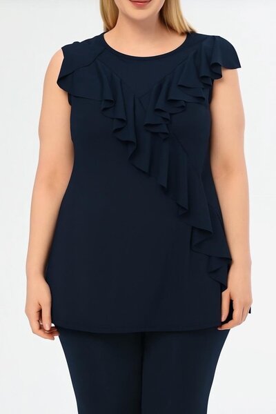 AQUAVİVA Women's Navy Blue Plus Size Tankini with Flounce Front and Leggings