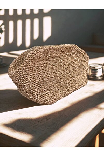 AllWearStyle El Örgüsü Gold Metalik İp Çanta – 25 cm Burslu El Yapımı