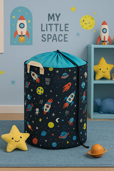 HomyJRs Uzay Printed Mesh Multi-Purpose Toy Storage Box Dirty Laundry Basket Folding Organizer 37X40