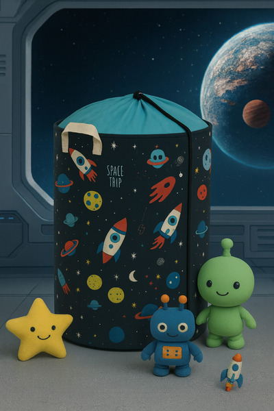 HomyJRs Uzay Printed Mesh Multi-Purpose Toy Storage Box Dirty Laundry Basket Folding Organizer 37X40