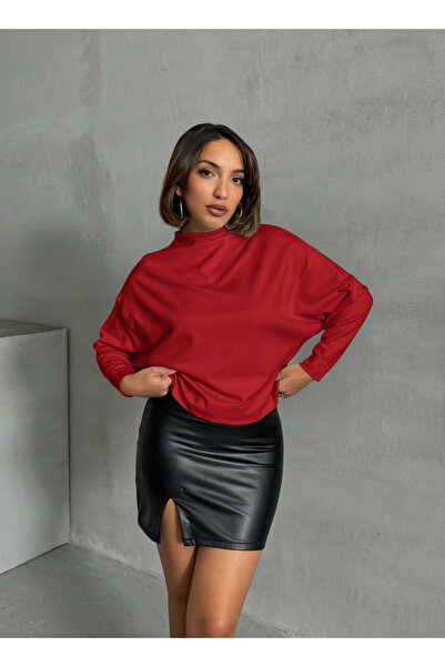 Look Forward Women's Red Interlock Fabric D Mock Neck Batwing Sleeve Blouse