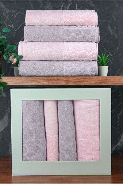 ihvan online طقم مناشف حمام من القطن 100% من هازال، طقم من 4 قطع، طقم حمام تركي، مقاس 50x90 - 90x150، لون رمادي-بودرة - 00081