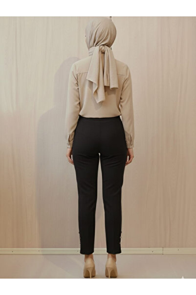 Famelin Women's Elastic Waist Pencil Cut Trousers with Leg Detail