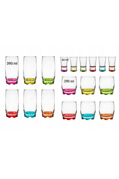 dealshopromania Set de 18 pahare din sticlă colorată, 6x390ml, 6x290ml, 6x34m...