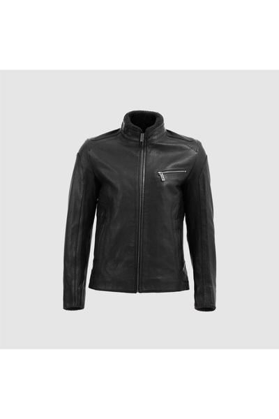 TOGO Siyah Hakiki Deri Erkek Kürklü Deri Mont [810064]