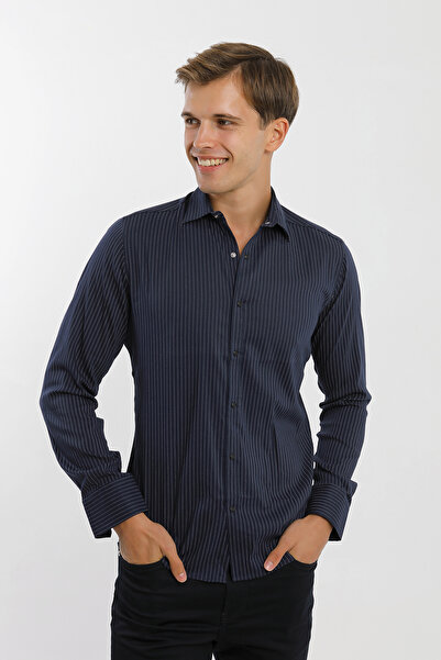 Smc by Semco Long Sleeve Snap Fastener Striped Lycra Cotton Men's Shirt