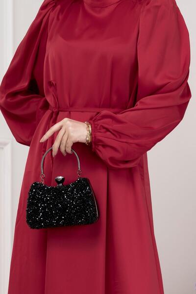 Sevitli Βραδινό φόρεμα με κορδόνι στη μέση και μανίκια μπαλόνι-ΚΟΚΚΙΝΟ