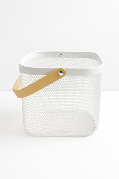 PERLAEVKAHVE Metal Mesh Multi-Purpose Storage Basket – Decorative Organizing Basket with Wooden Handle