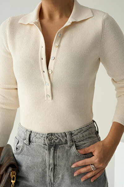 cemo Polo Neck Buttoned Ribbed Knit Sweater