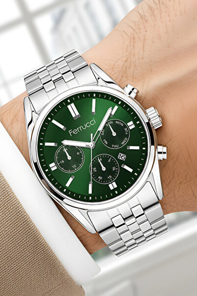 Ferrucci Takvimli Erkek Kol Saati Çelik Kasa & Çelik Kordon Gümüş-Yeşil zmfer205